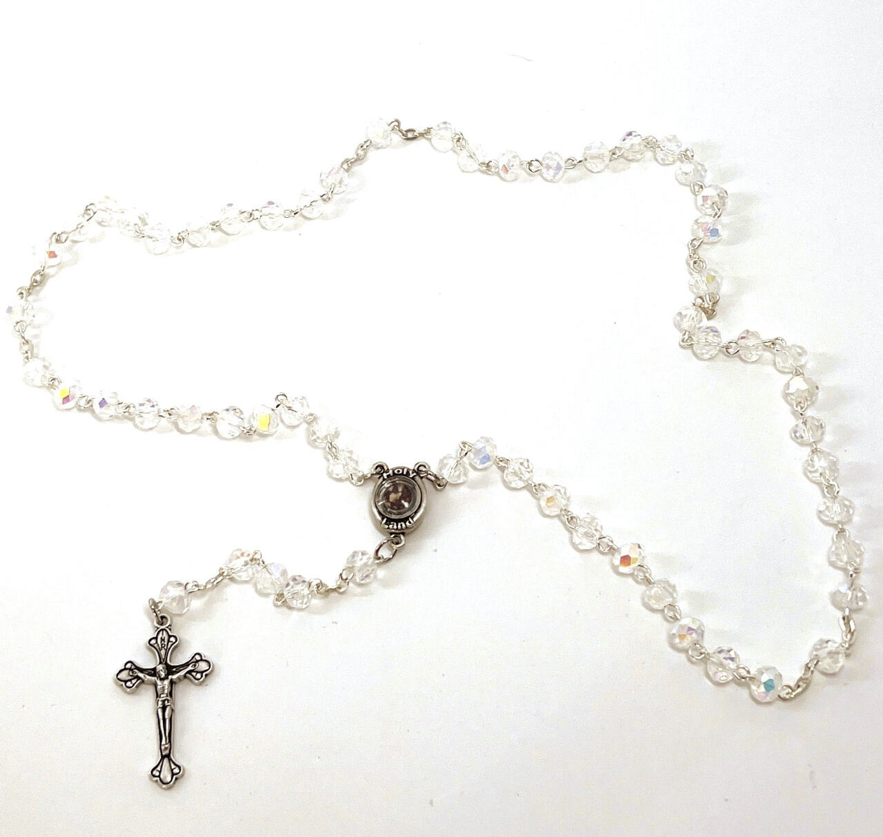 Rosary with Clear Crystal Beads, Metal Chain and 2" Crucifix, Made in Bethlehem