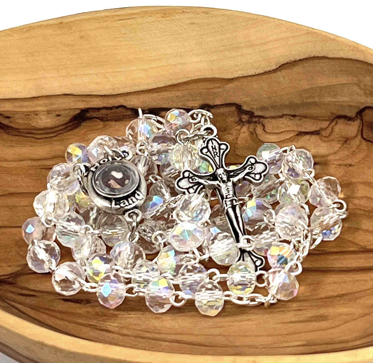 Crystal Rosary with Clear Beads, Handmade with Holy Soil inside Glass –  Bethlehem Handicrafts