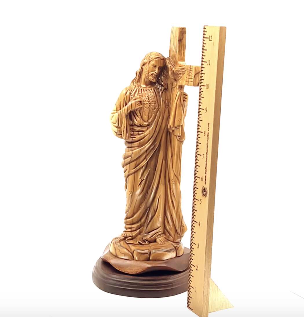 Jesus Christ "Holding Cross" Sculpture, 12.6" Holy Land Olive Wood Carving