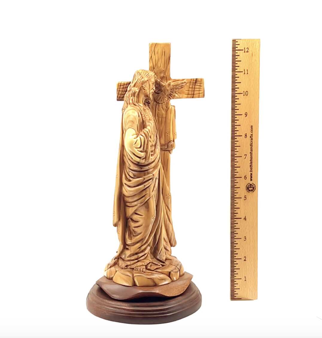 Jesus Christ "Holding Cross" Sculpture, 12.6" Holy Land Olive Wood Carving