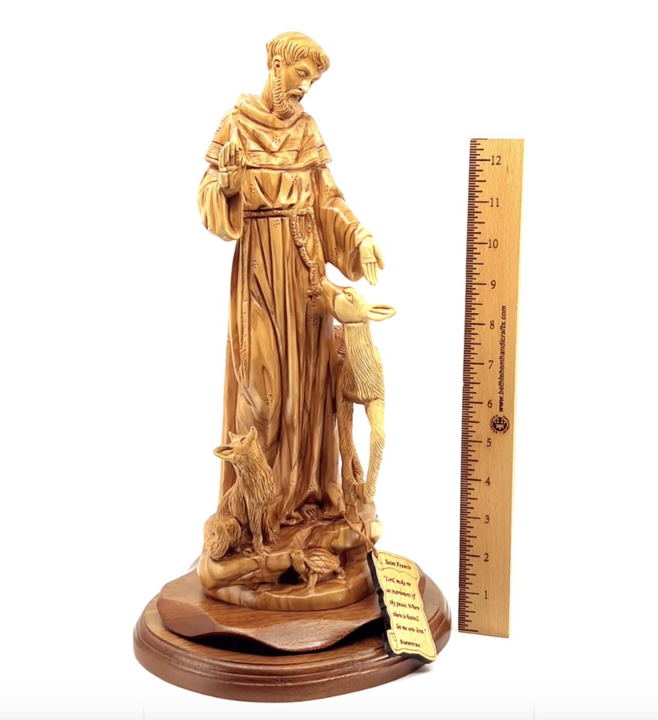 St. Frances Assisi with Deer Masterpiece, 15.4" Wood Carving from Holy Land Olive Wood