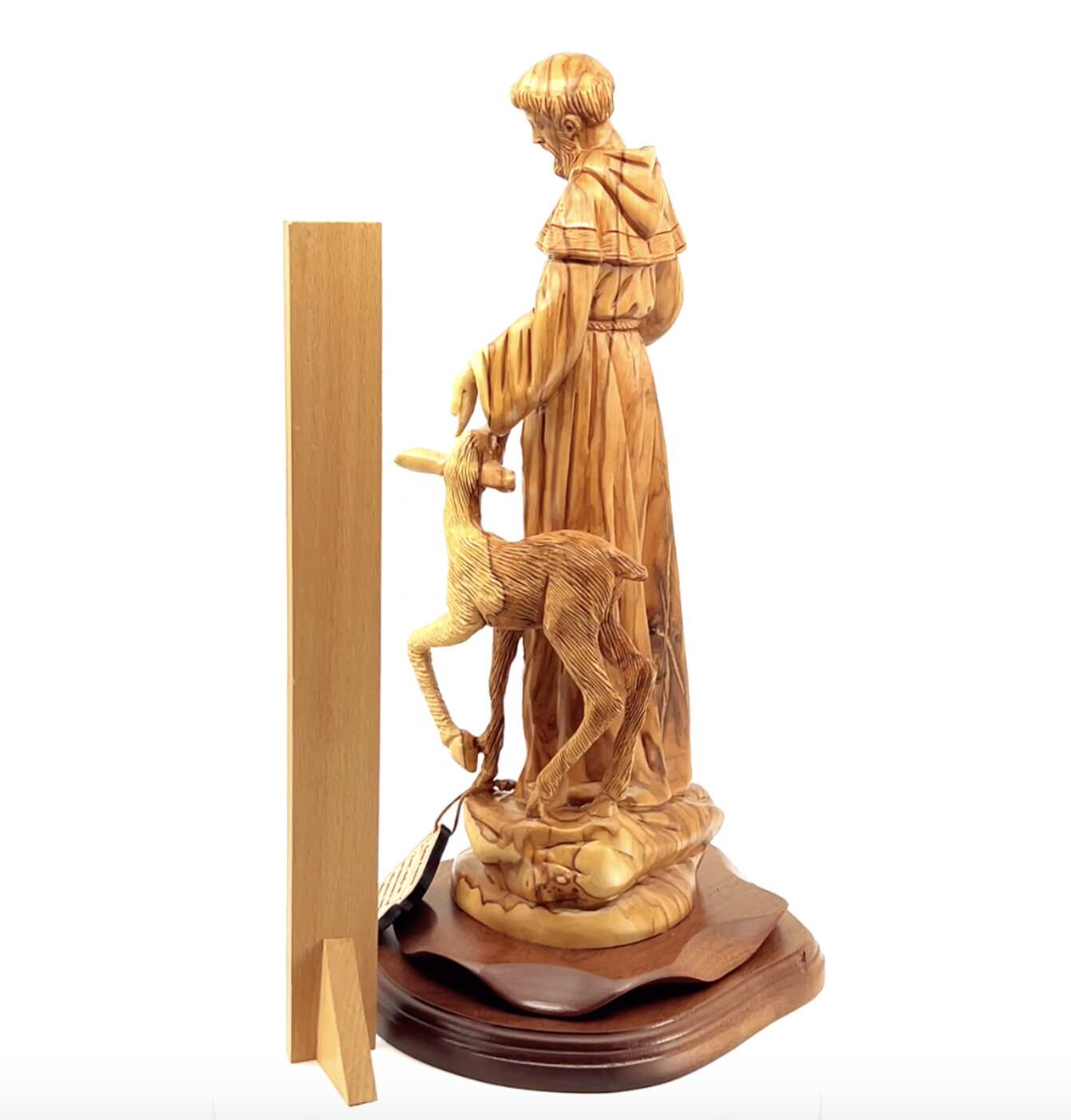 St. Frances Assisi with Deer Masterpiece, 15.4" Wood Carving from Holy Land Olive Wood