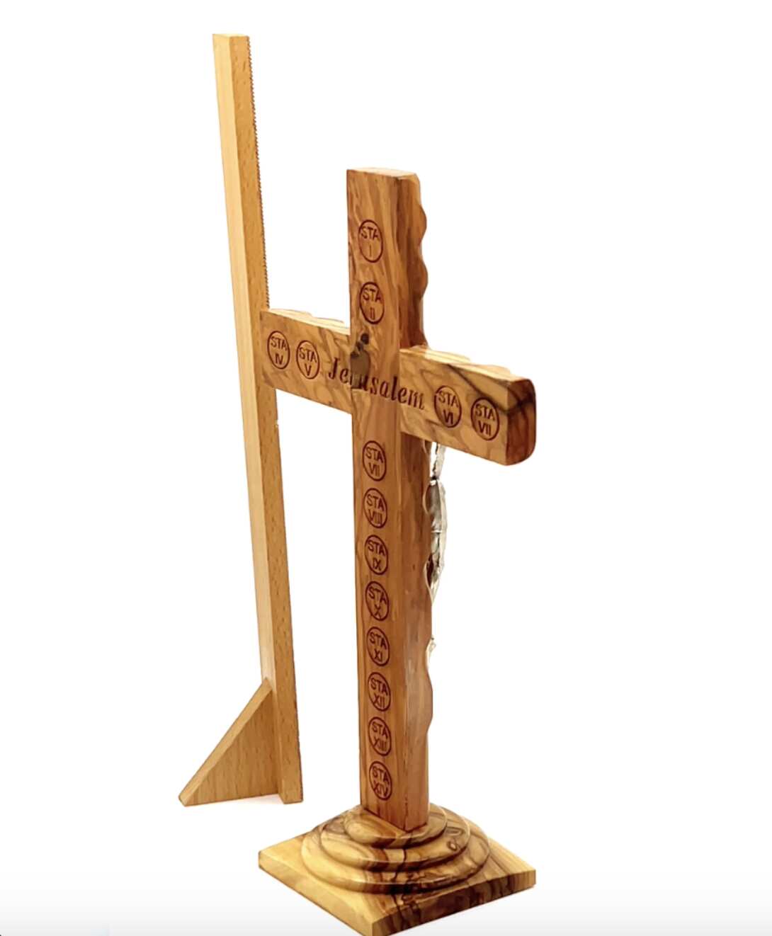 11" Standing Crucifix Wooden Cross with Incense, Hand Made from Holy Land Olive ( Medium)