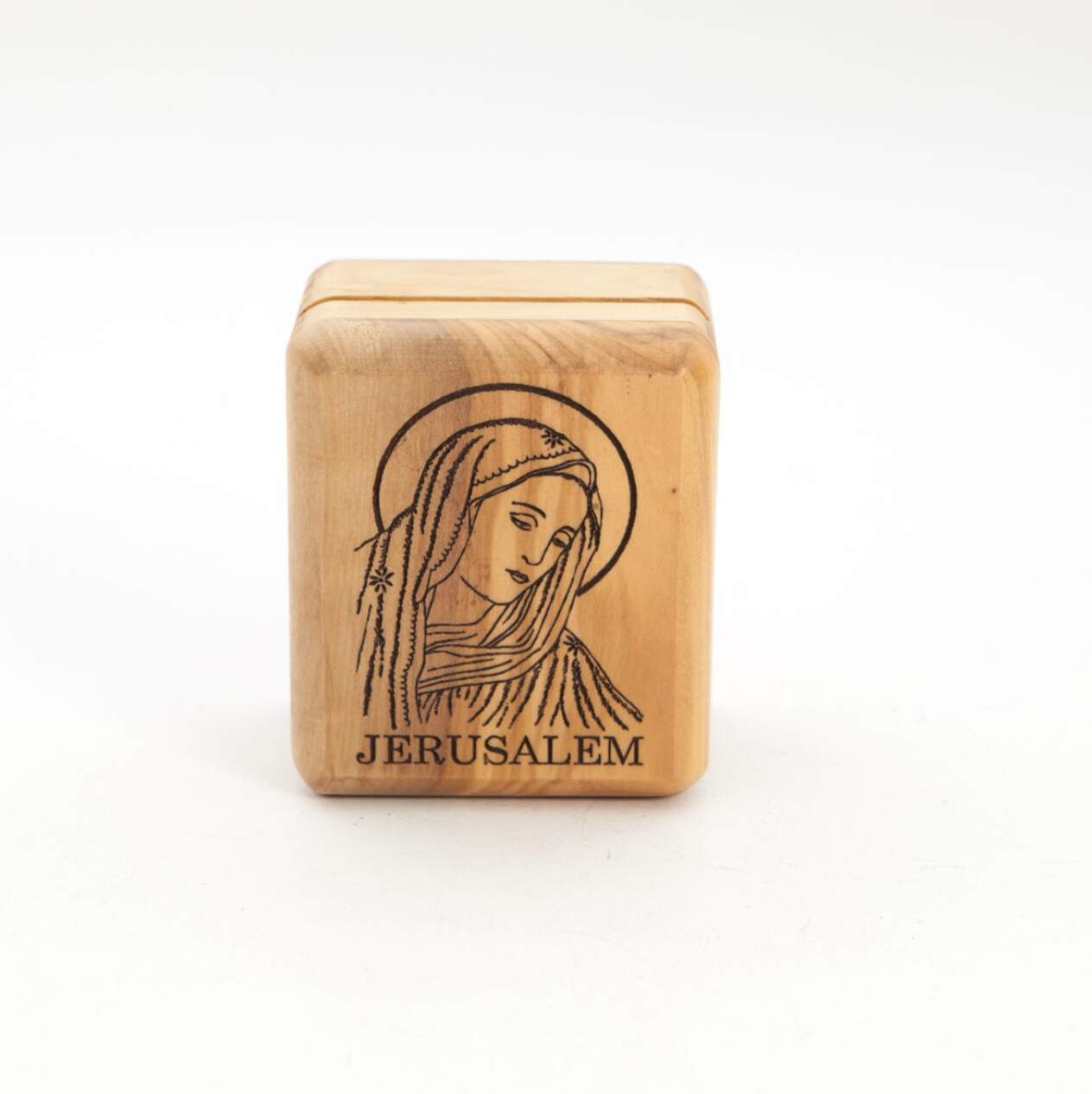 Rosary or Ring Box Holder with Virgin Mary, Jerusalem Holy Land Olive Wood