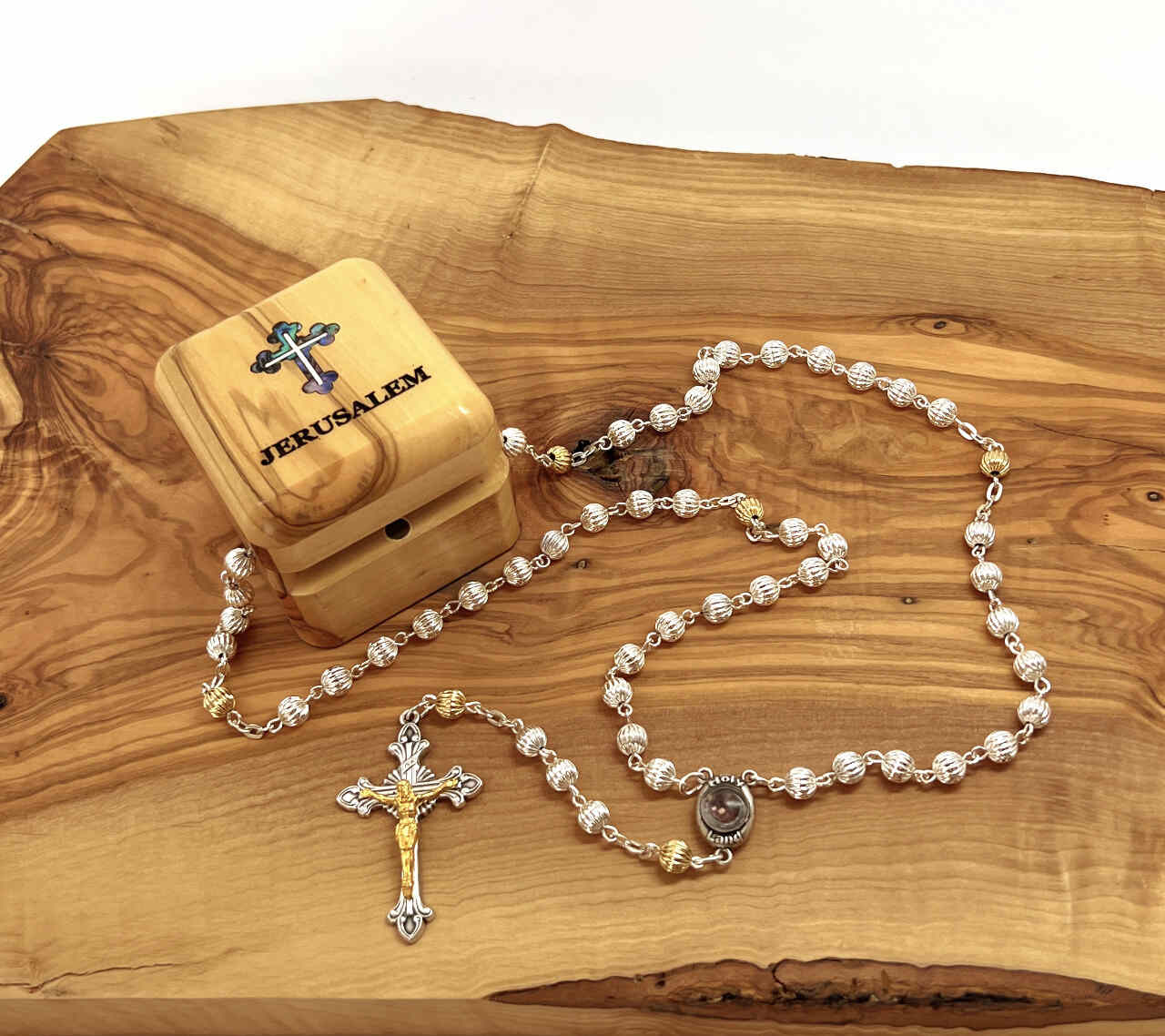 Rosary with Sterling Silver Plated Beads, Metal Chain with 2" Crucifix