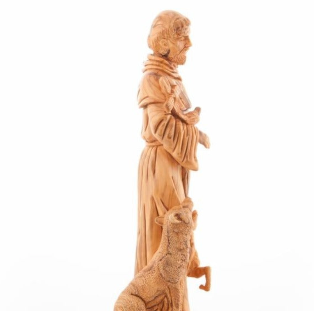 Saint Francis of Assisi, with Fox, the Patron of Animal. Carved Wooden Statue, 19" Tall