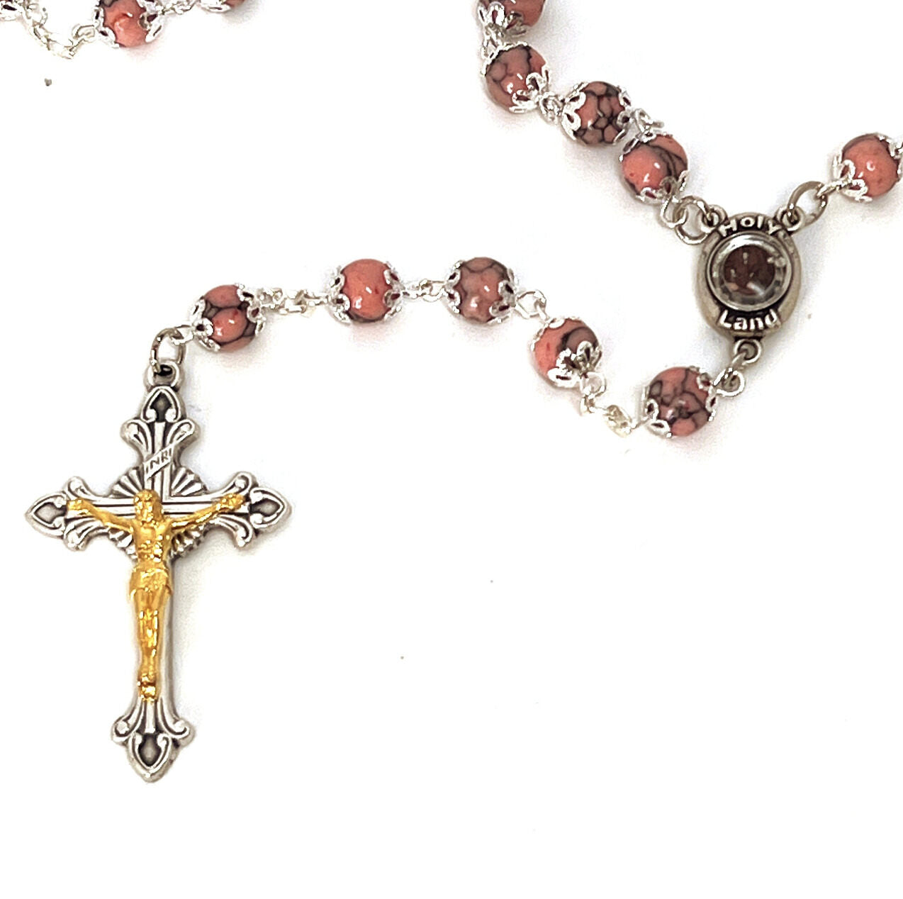 Rosary with Pink Stone Beads, Heavy Coral Stone Prayer Beads on Metal Chain, 2" Crucifix