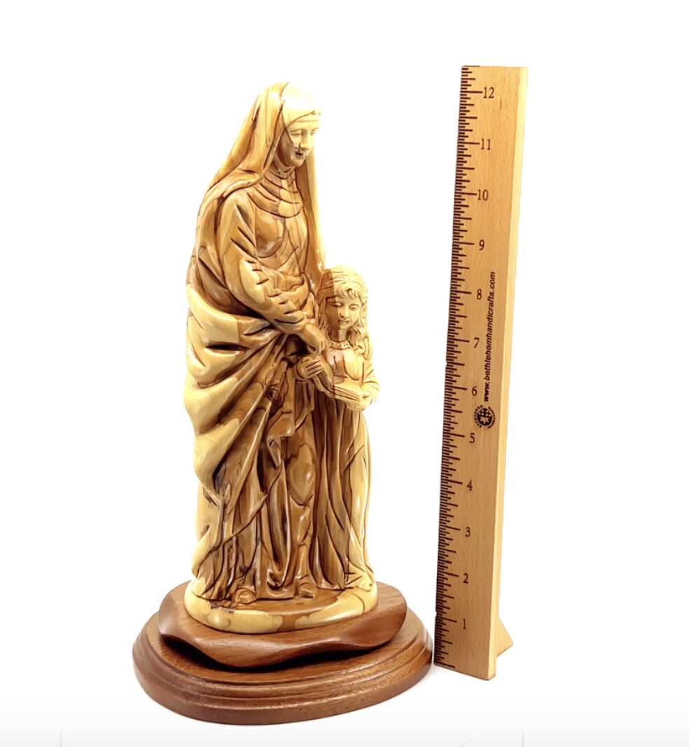 Good Saint Anne with Young Virgin Mary, 13.5", Handmade Sculpture from Olive Wood Statue