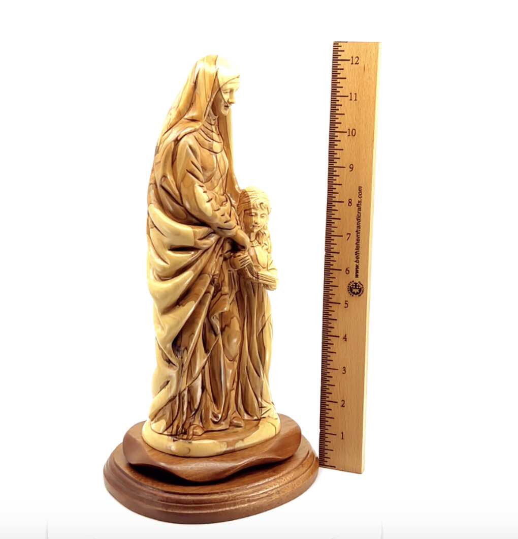 Good Saint Anne with Young Virgin Mary, 13.5", Handmade Sculpture from Olive Wood Statue