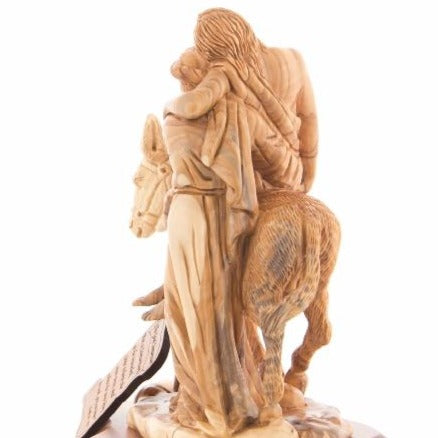 The Good Samaritan Jesus Christ Sculpture, Riding on Donkey, Biblically Inspired Christian Art Masterpiece Carved from Olive Trees