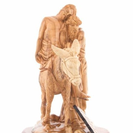 The Good Samaritan Wooden Sculpture, Riding on Donkey, Biblically Inspired Christian Art Masterpiece Carved from Olive Wood