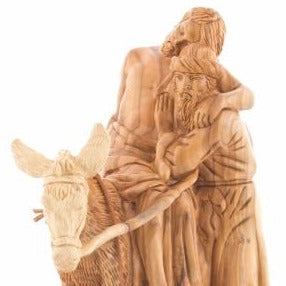 The Good Samaritan of Jesus Christ Sculpture, Riding on Donkey, Biblically Inspired Christian Art Masterpiece Carved from Olive Wood