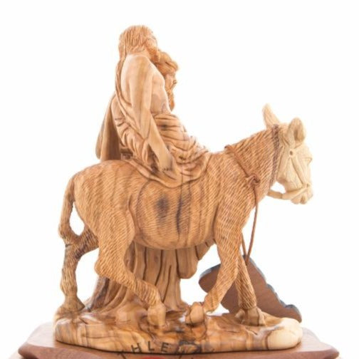 Wooden The Good Samaritan Jesus Christ Sculpture, Riding on Donkey, Biblically Inspired Christian Art Masterpiece Carved from Olive Wood