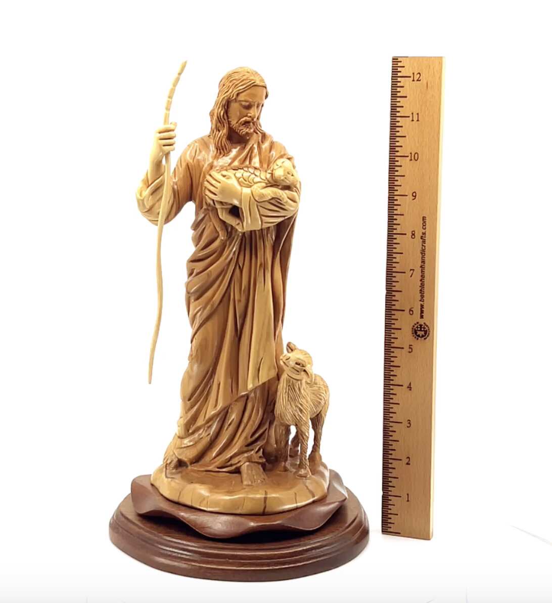 Jesus Christ "The Good Shepherd" Statue, 12.6" Sculpture from Holy Land Olive Wood