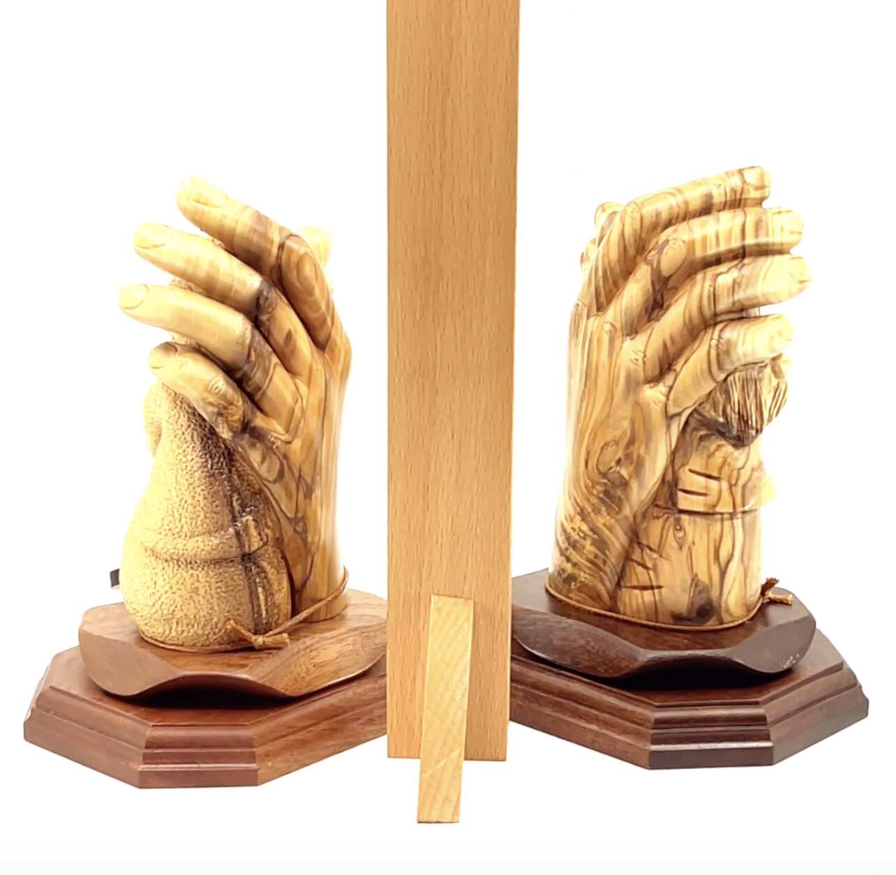 Pair of 2, "Protected by the Hand of God" with Baby Girl and Boy Carvings, 6.5" Olive Wood
