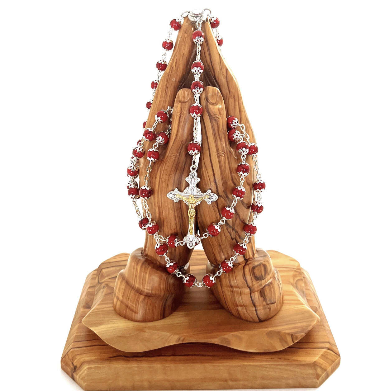 Rosary with Red Stone Beads, Metal Chain and 2" Crucifix, Made with Holy Land Coral Stone Beads