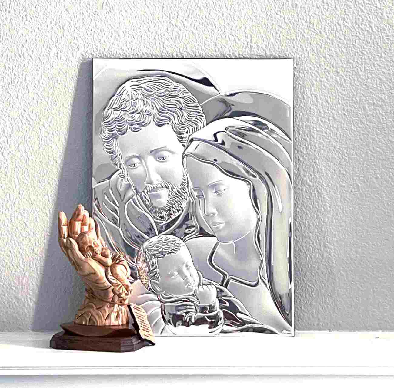 Holy Family with Baby Jesus Christ Silver Icon Standing or Wall Hanging Christian Art