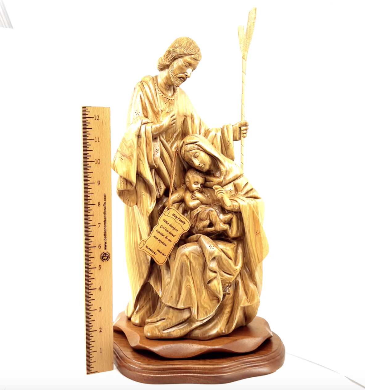 Nativity Scene Sculpture with Holy Family Holding Baby Jesus Christ, 16" Carving Masterpiece from Holy Land Olive Wood, Made in Bethlehem