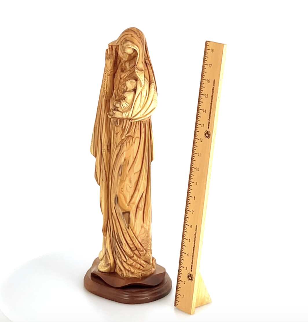 Virgin Mary with Baby Jesus, 19.3" Carved from the Holy Land Olive Wood