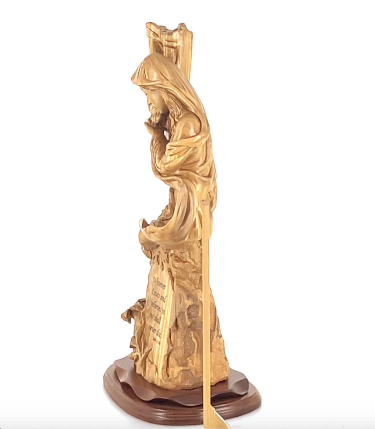 Virgin Mary Kneeling by the Cross, 21" Olive Wood Statue, "Scripture of John 11:26"