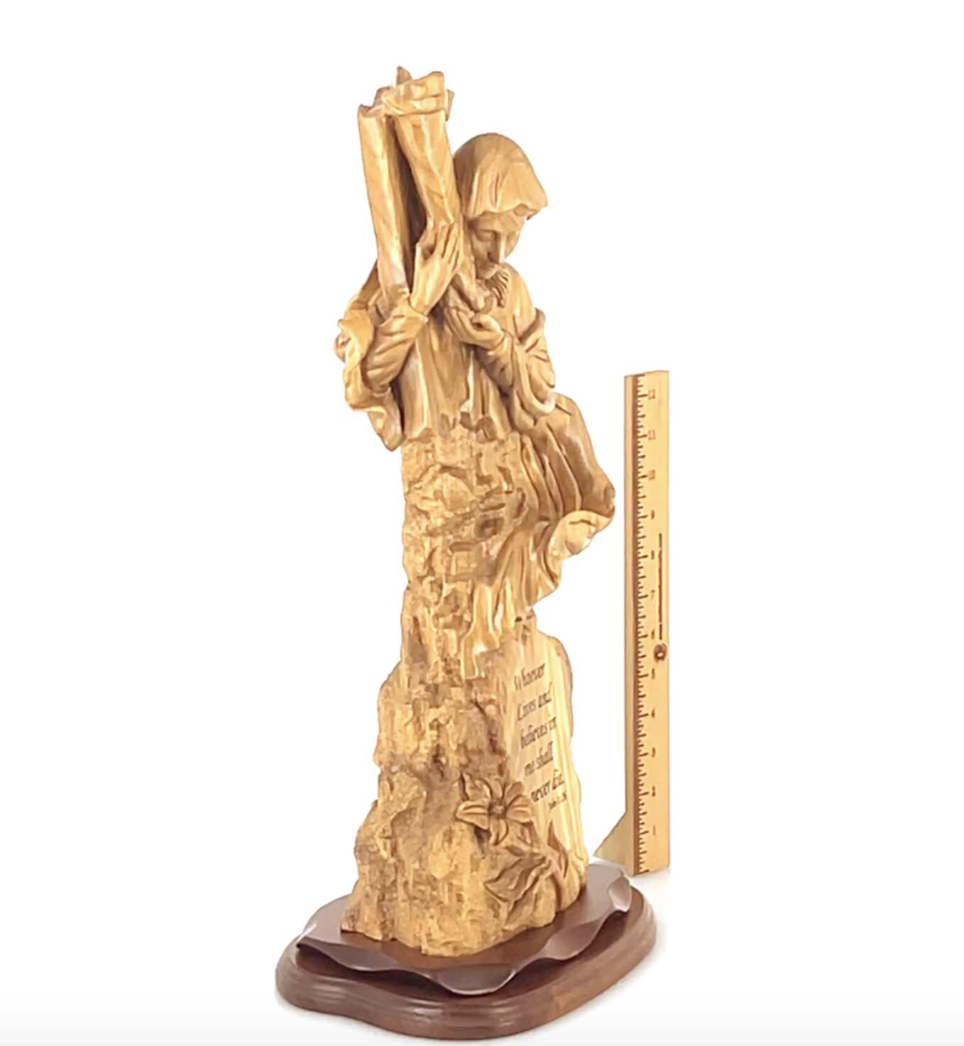 Virgin Mary Kneeling by the Cross, 21" Olive Wood Statue, "Scripture of John 11:26"