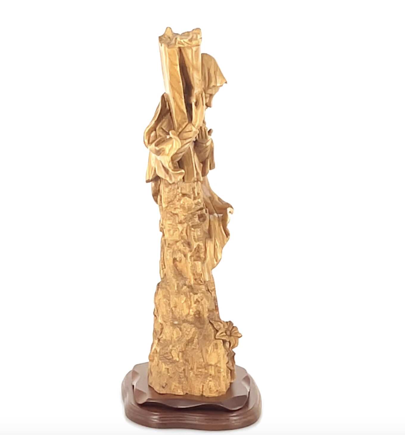 Virgin Mary Kneeling by the Cross, 21" Olive Wood Statue, "Scripture of John 11:26"