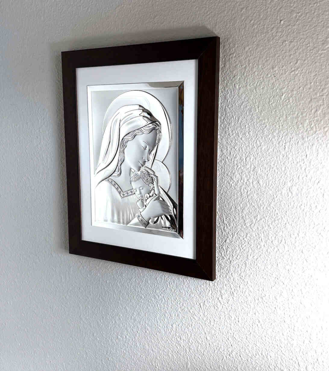 Virgin Mary Holding Holy Baby Jesus Christ Silver Plated Icon Wood Frame,