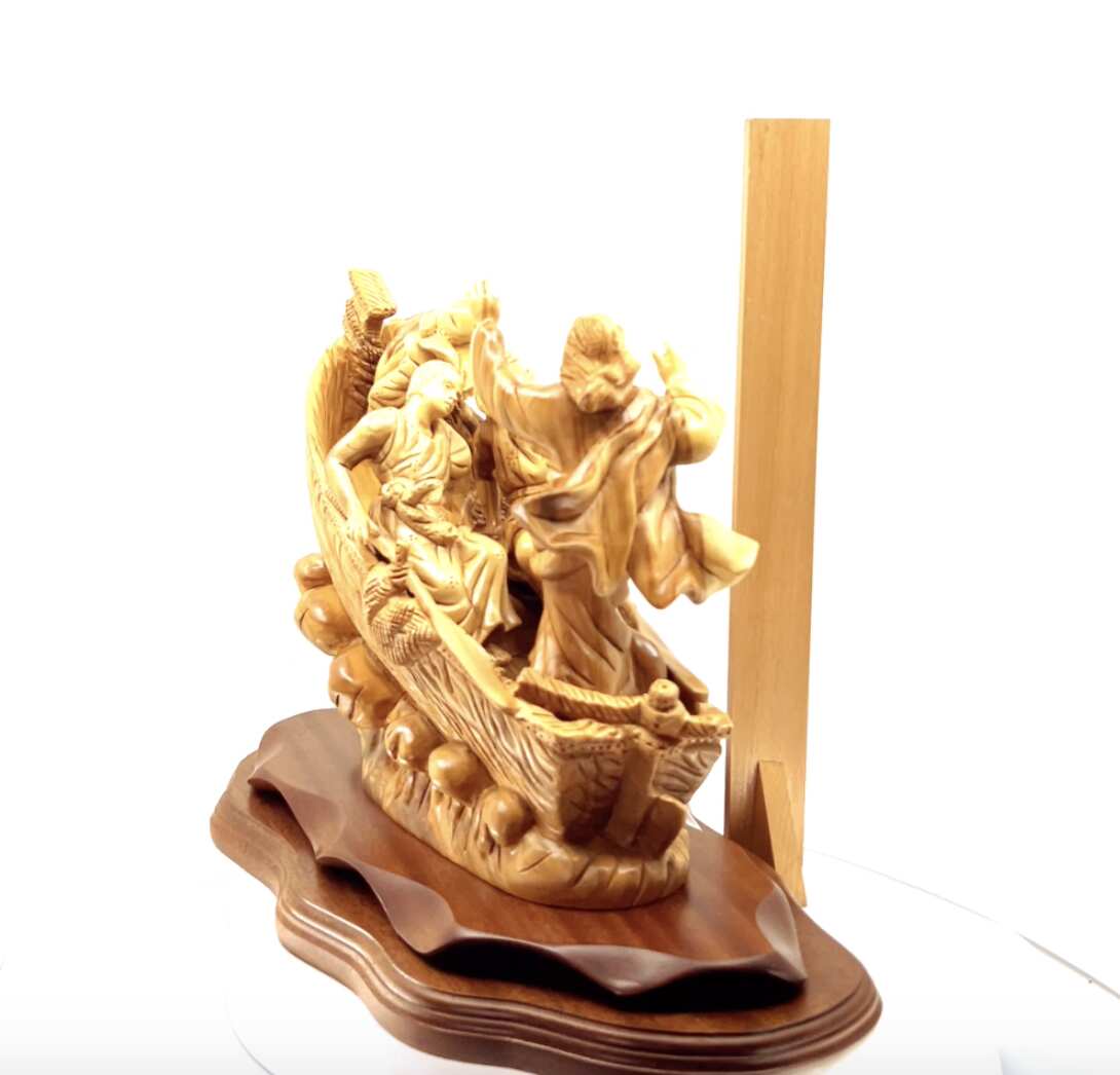 Jesus Christ "Calms The Storm" on Boat, 15.5" Masterpiece Wooden Carving