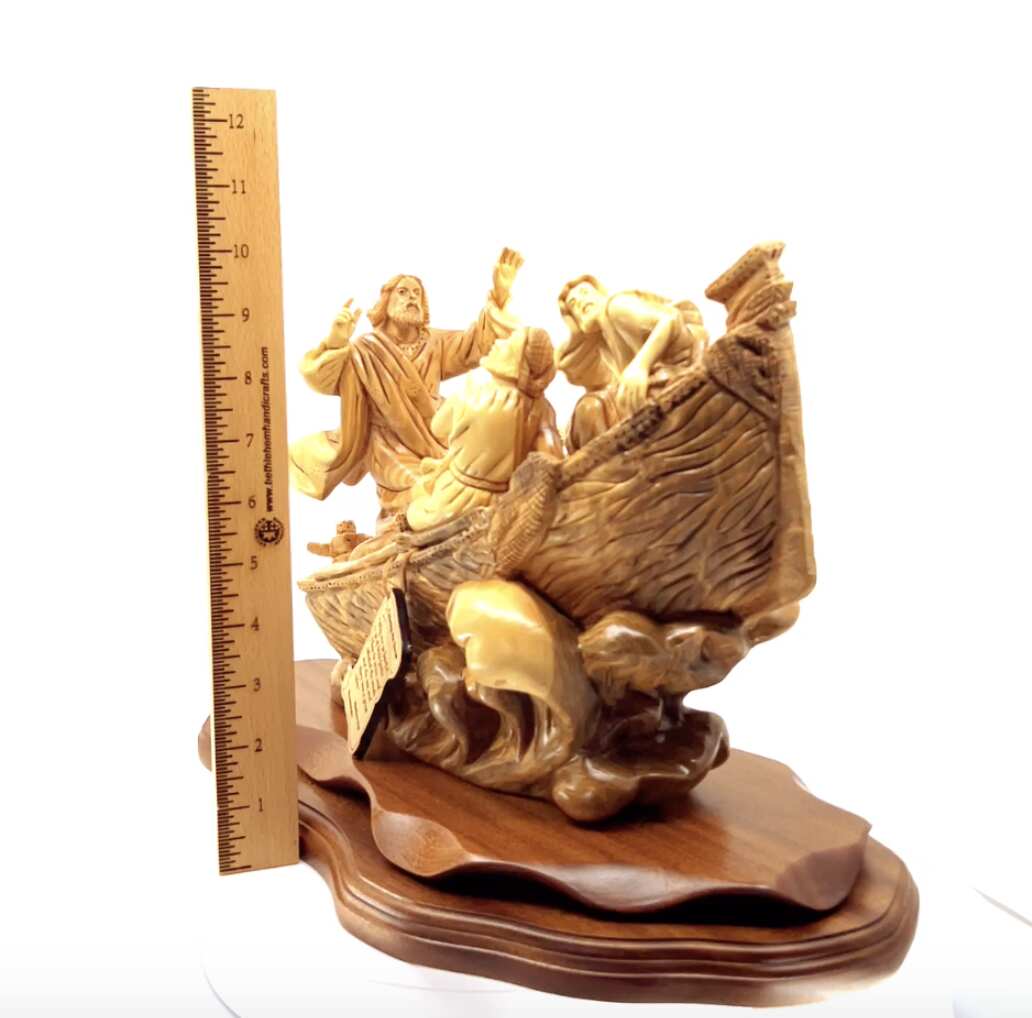 Jesus Christ "Calms The Storm" on Boat, 15.5" Masterpiece Wooden Carving