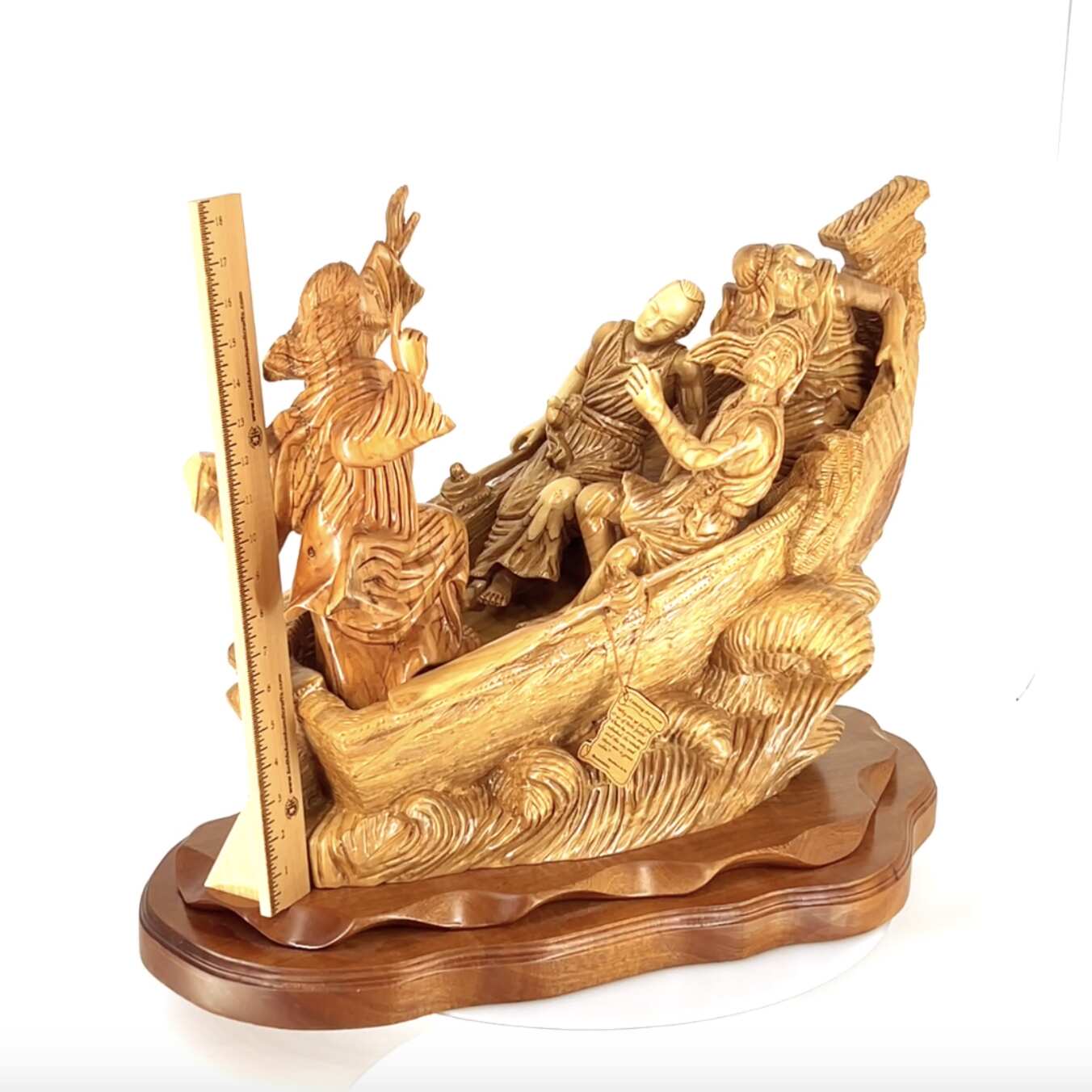 Jesus Christ "Calms The Storm" on Boat, 18.5" Tall, Very Large Masterpiece Wooden Carving