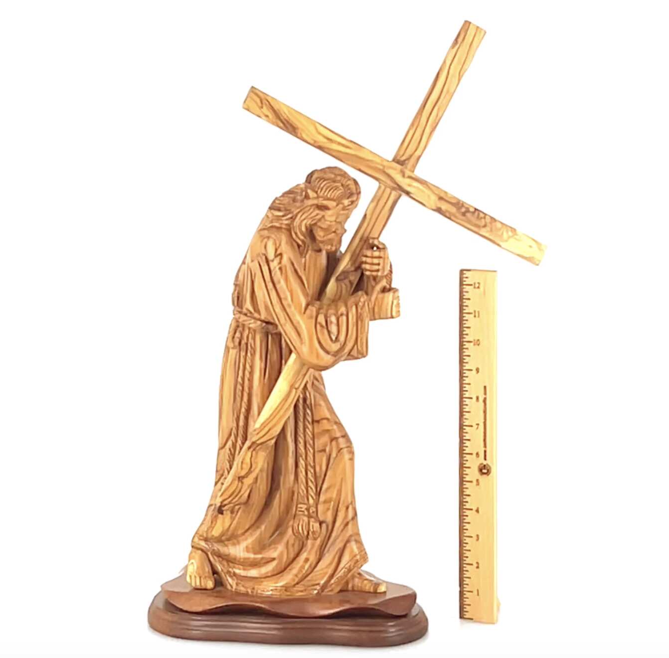 Jesus Christ "Holding Cross" Wooden Sculpture 16.9"