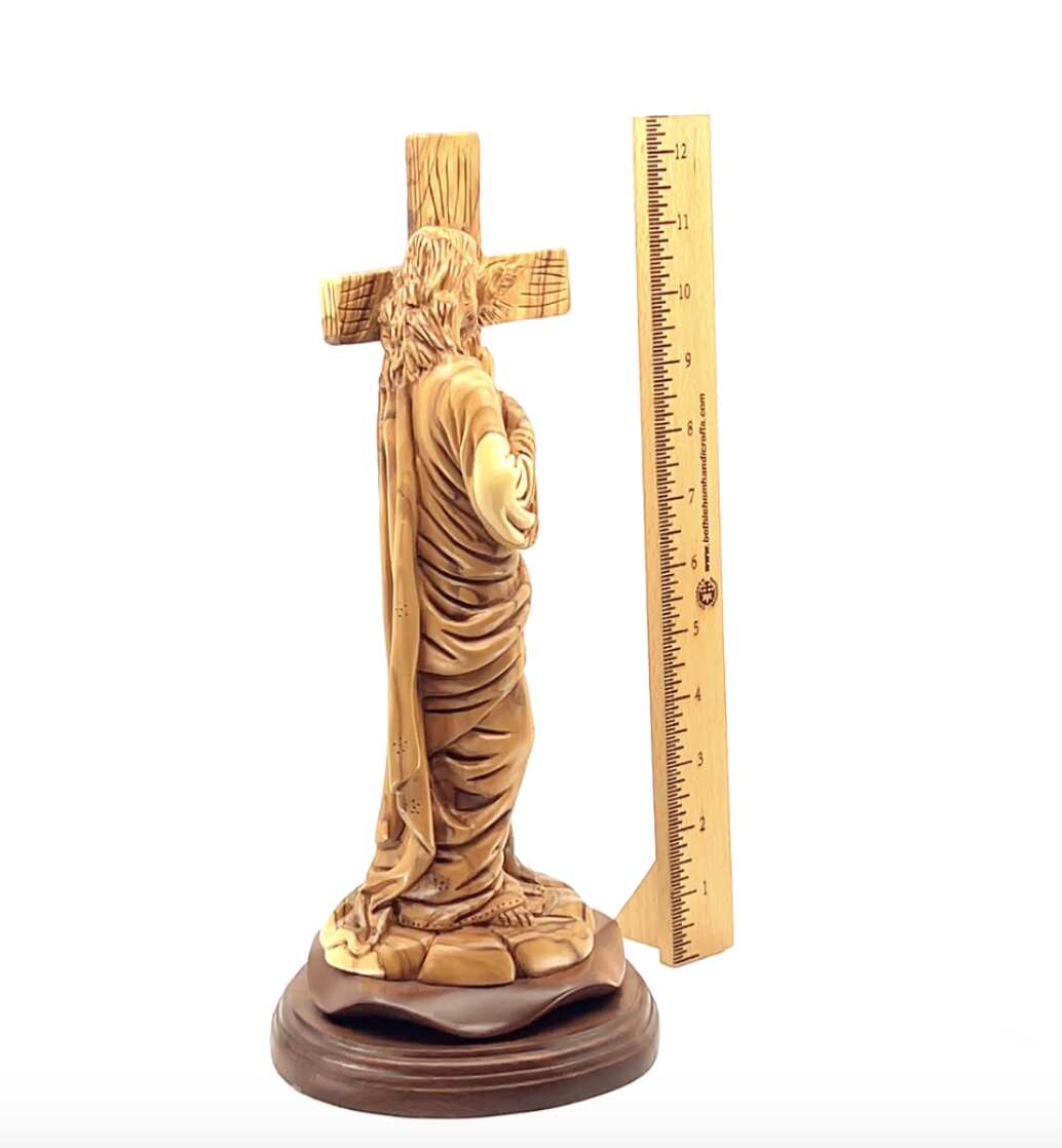 Jesus Christ "Holding Cross" Sculpture, 12.6" Holy Land Olive Wood Carving