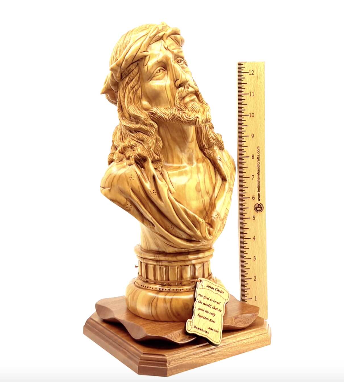 'Bust of Jesus' Head' 14.5", Carved Statute from Holy Land Olive Wood