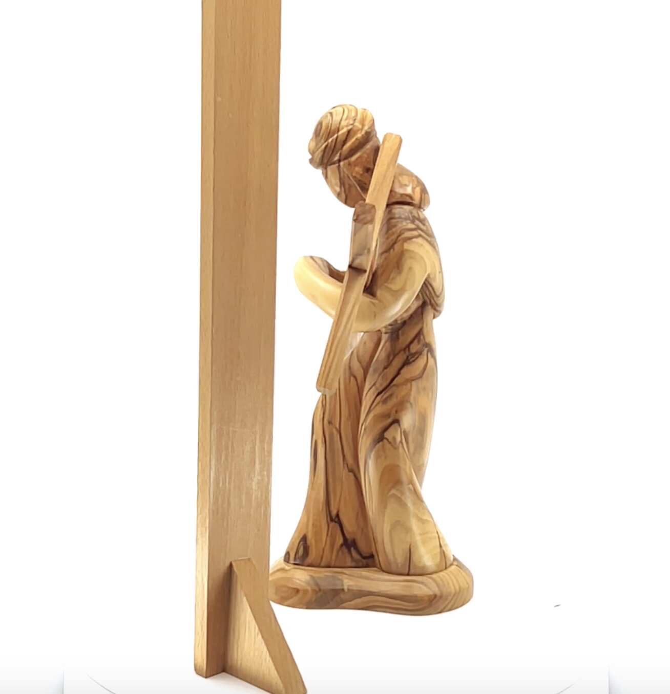 Jesus Christ "Holding Cross", 9.1" Carving in Olive Wood from Holy Land