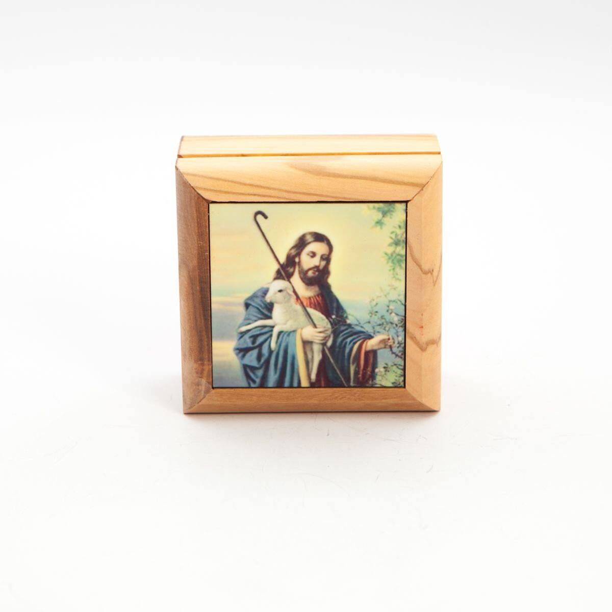 Square "The Good Shepherd" Jesus Christ Hand Carved Olive Wood Box