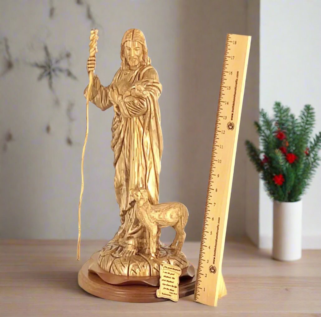 Jesus Christ "The Good Shepherd" Statue, 18.5" Carved Holy Land Wood Sculpture