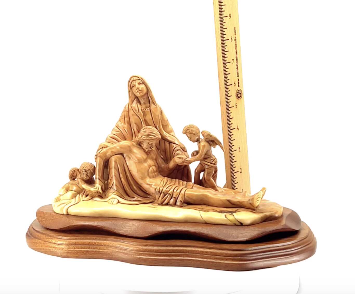 Pieta with 2 Angels, 12.2" Long Olive Wood Carving from Bethlehem, Virgin Mary with Jesus Christ