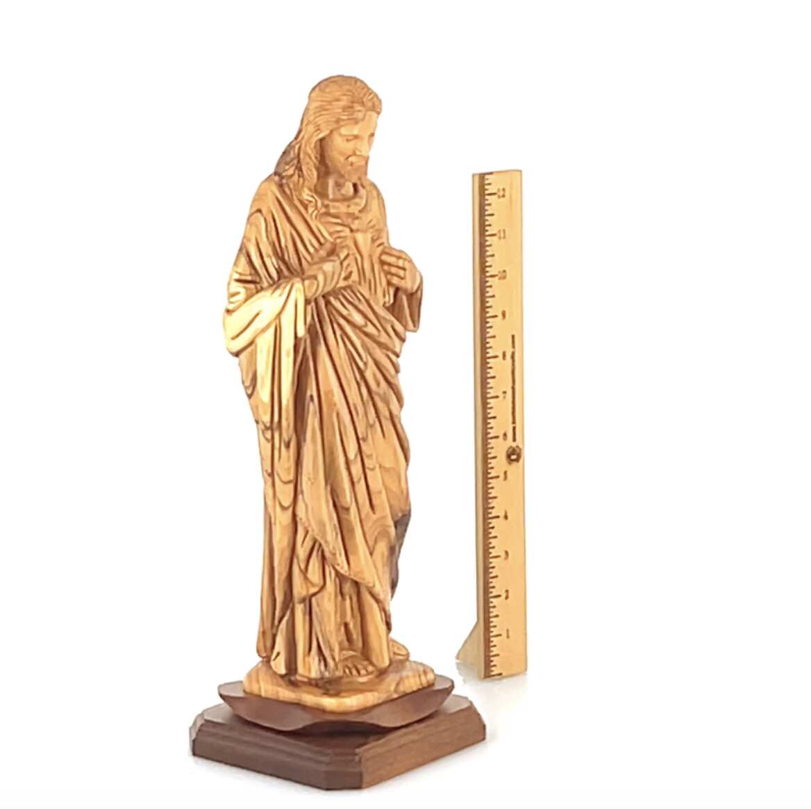 “Sacred Heart of Jesus” Sculpture, 16.1" Carved Olive Wooden Masterepiece