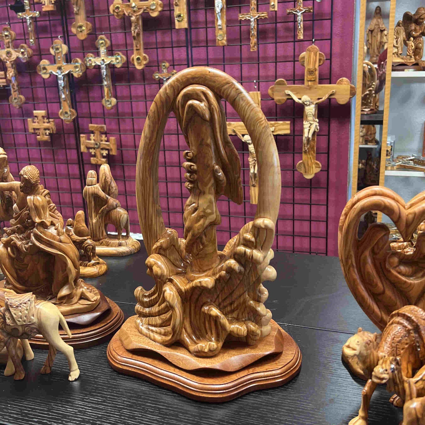 Carving of "Jesus Saving Us from Sea" , 14" Sculpture from Holy Land Olive Wood