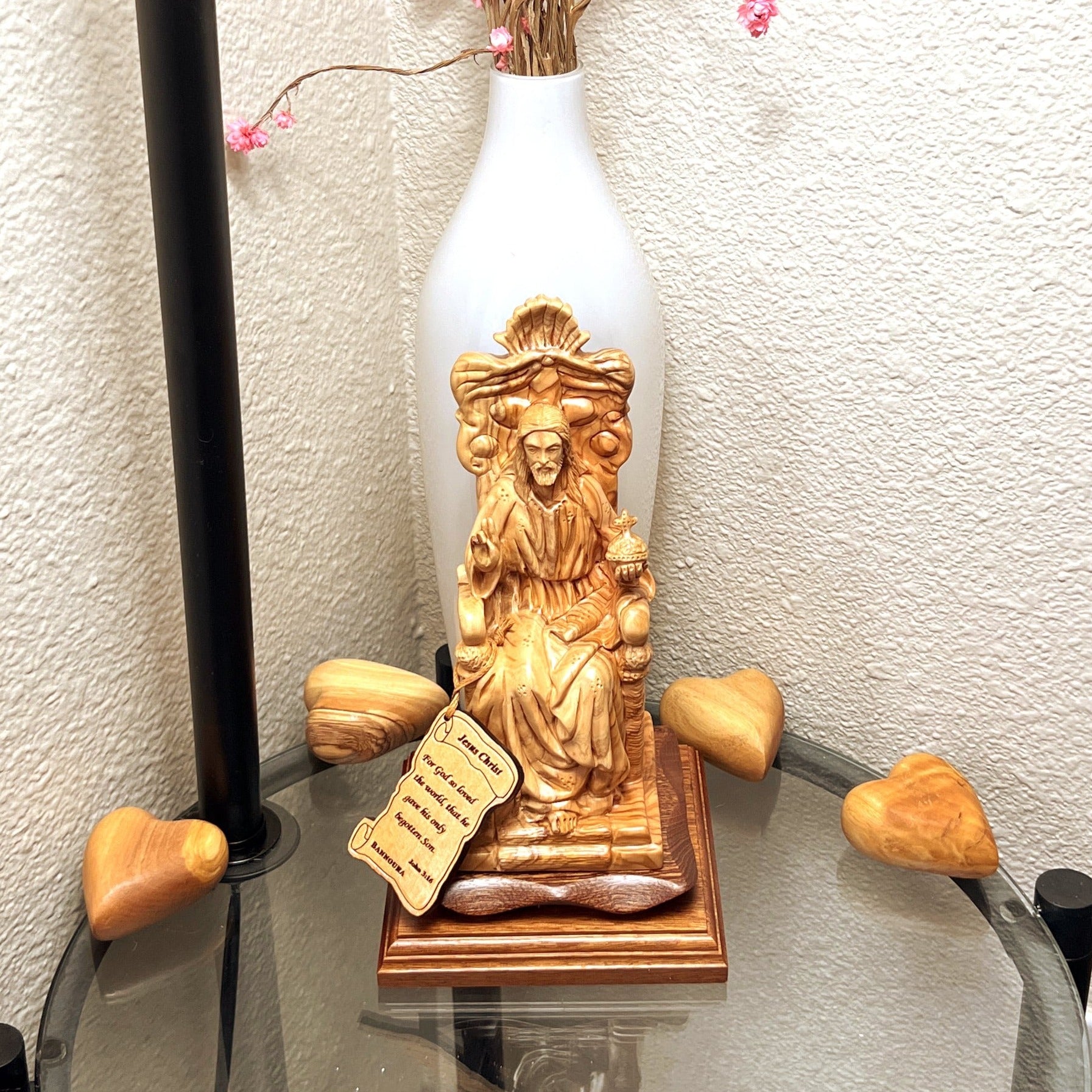 Jesus Christ Our Lord Sitting on His Throne, with Beautiful Wall Hanging Ten Commandments with Holy Land Incense inside Glass capsule , Next to Several Wooden Carved Hearts on an End Table in living Room, Christian Home Warming Decor