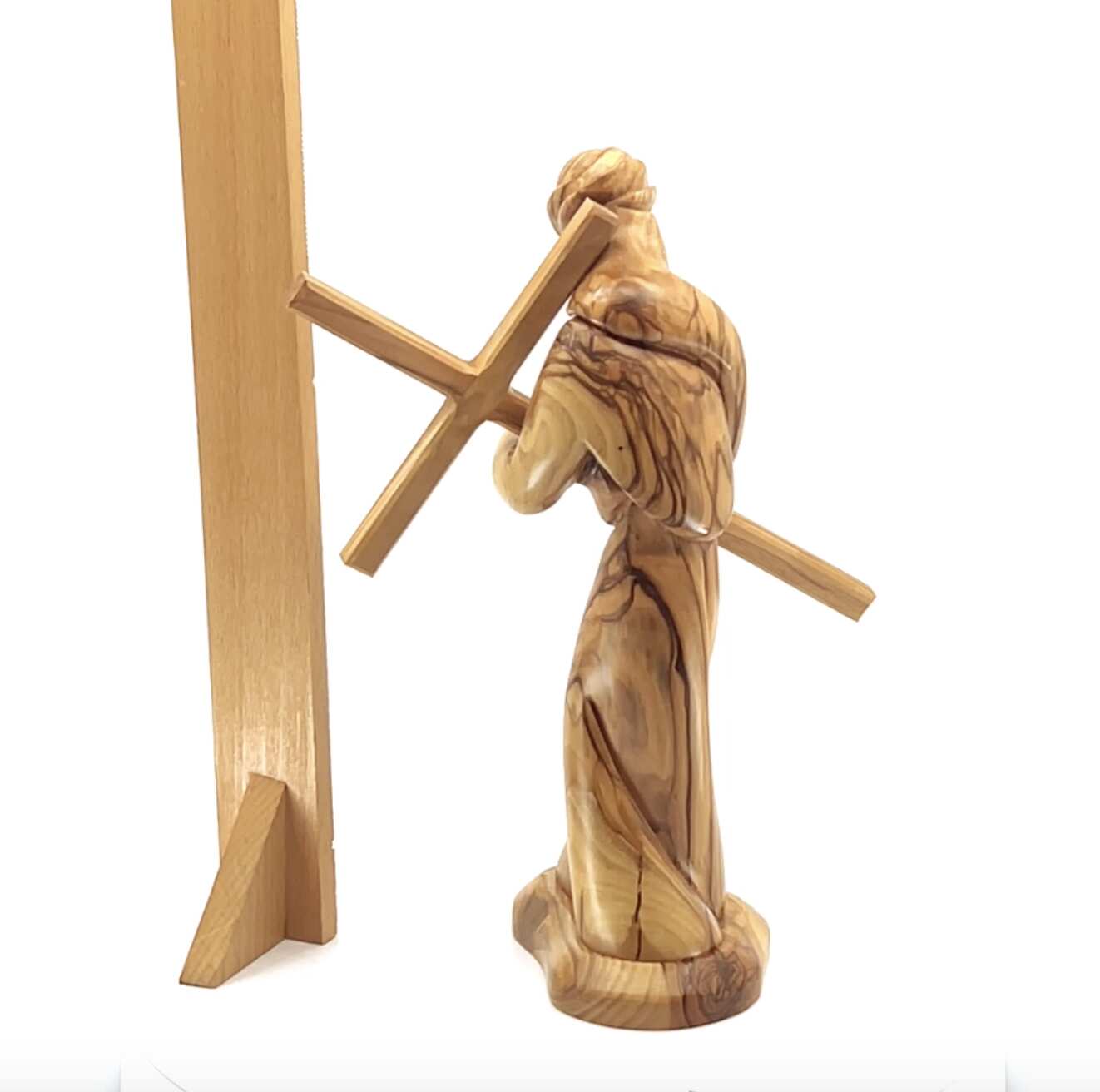 Jesus Christ "Holding Cross", 9.1" Carving in Olive Wood from Holy Land