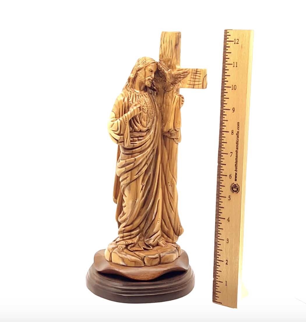 Jesus Christ "Holding Cross" Sculpture, 12.6" Holy Land Olive Wood Carving