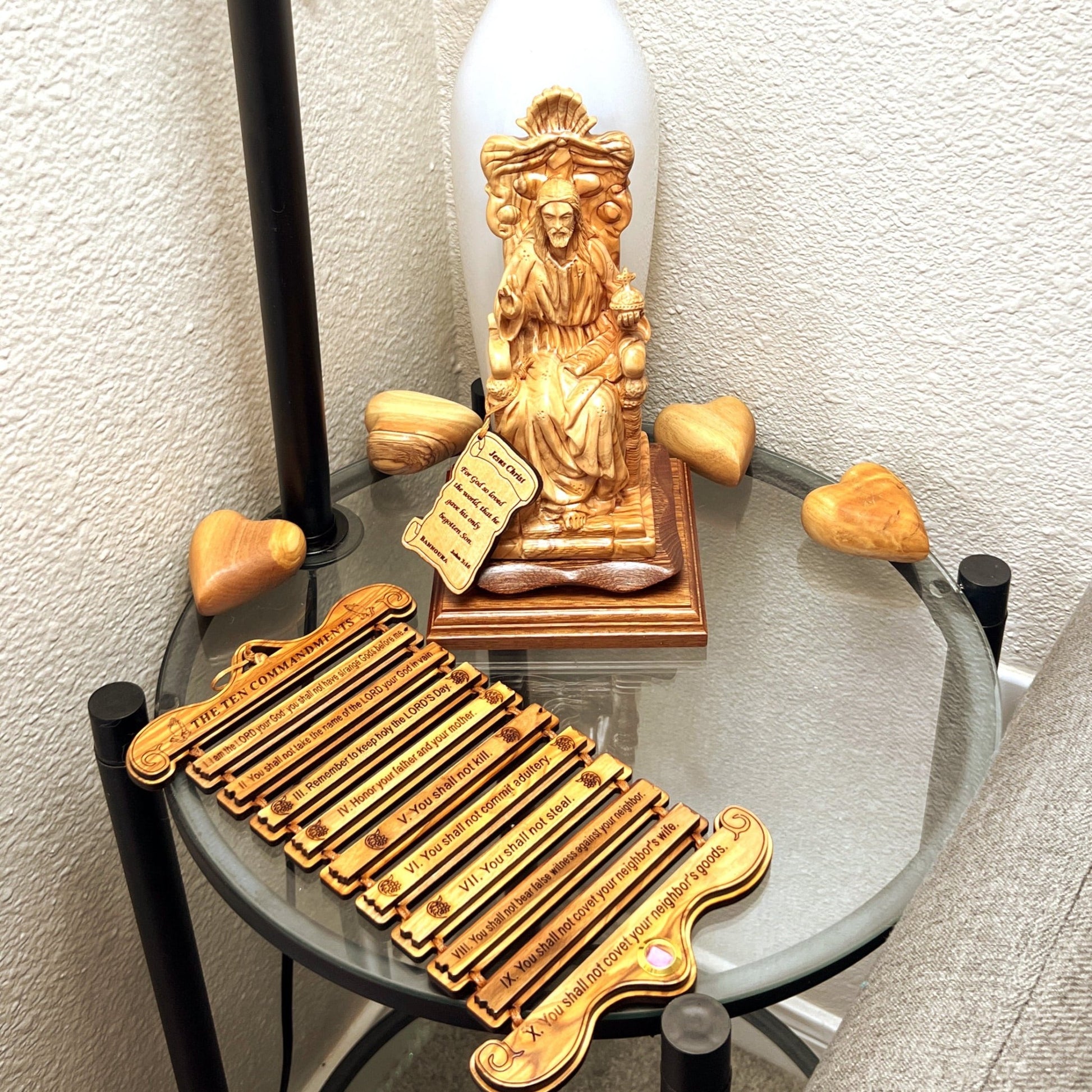 Jesus Christ Our Lord Sitting on His Throne, with Beautiful Wall Hanging Ten Commandments with Holy Land Incense inside Glass capsule , Next to Wooden Carved Hearts