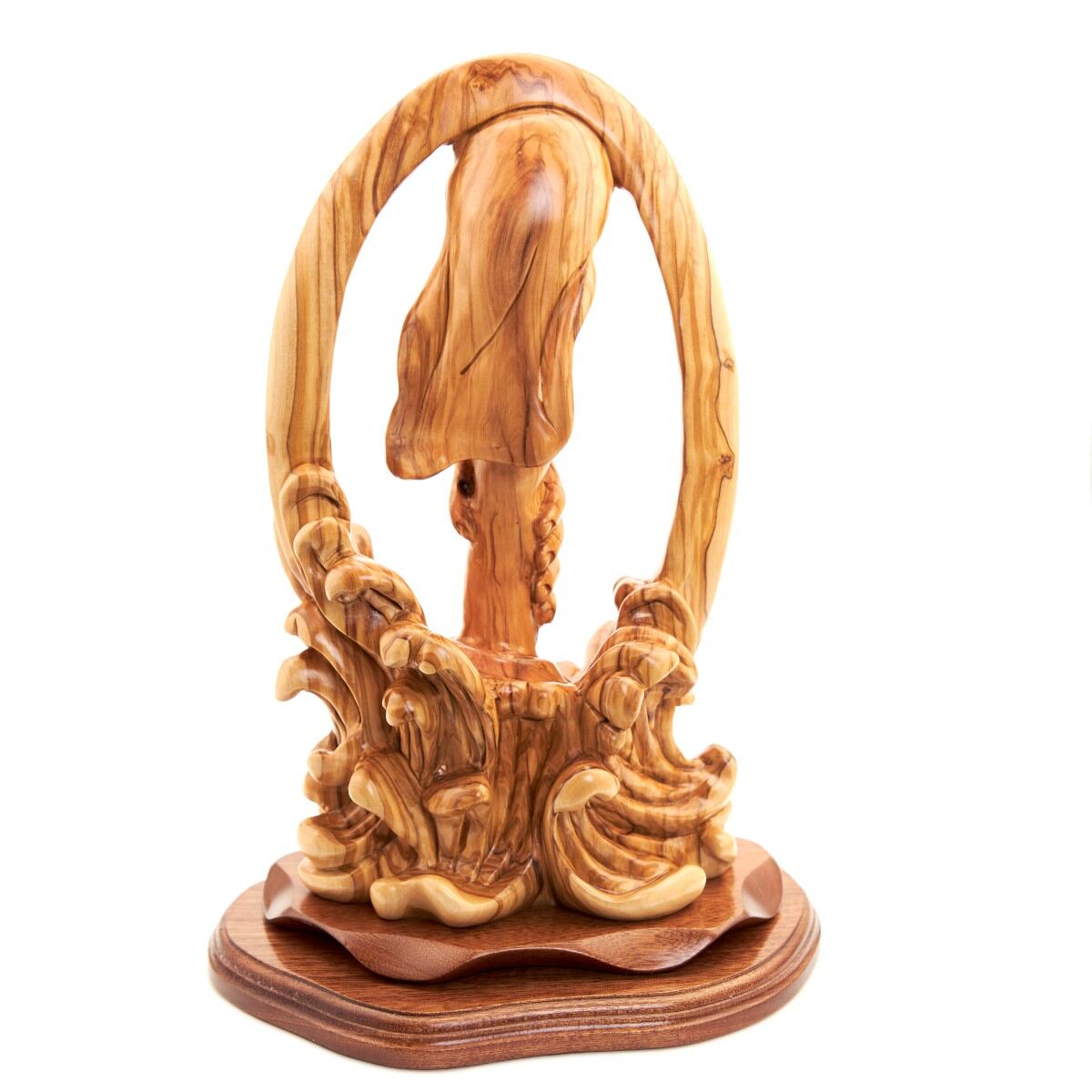Carving of "Jesus Saving Us from Sea" , 14" Sculpture from Holy Land Olive Wood