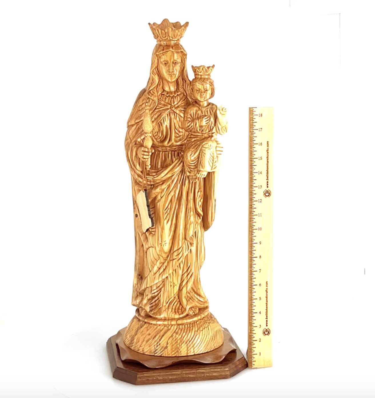 Virgin Mary "Our Lady of Mount Carmel" Statue, 17.3" with Baby Jesus Christ Carved from Holy Land Olive Wood