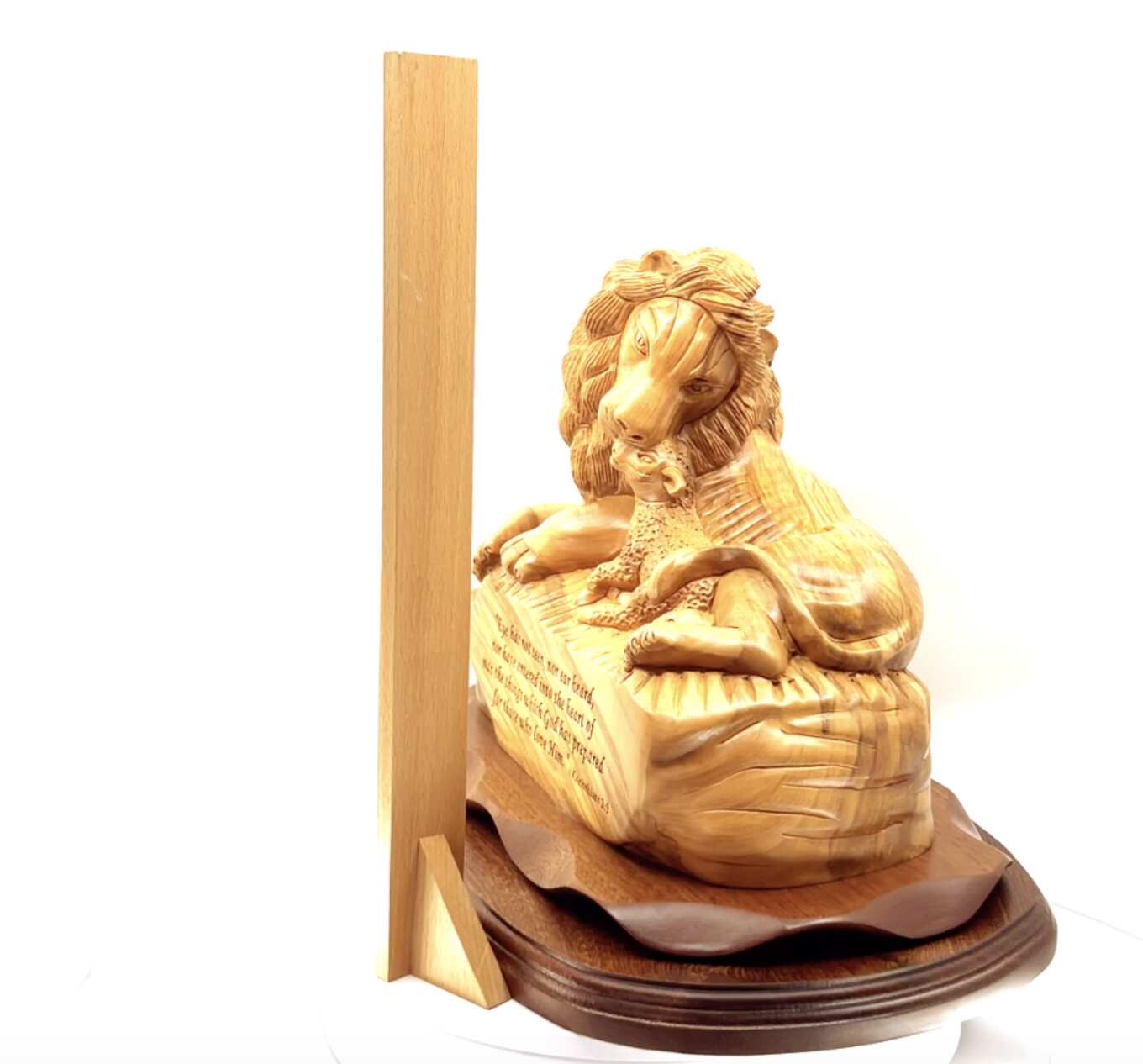 Lion with Lamb and Scripture of Corinthians, 13.8" Masterpiece Wooden Christian Carving