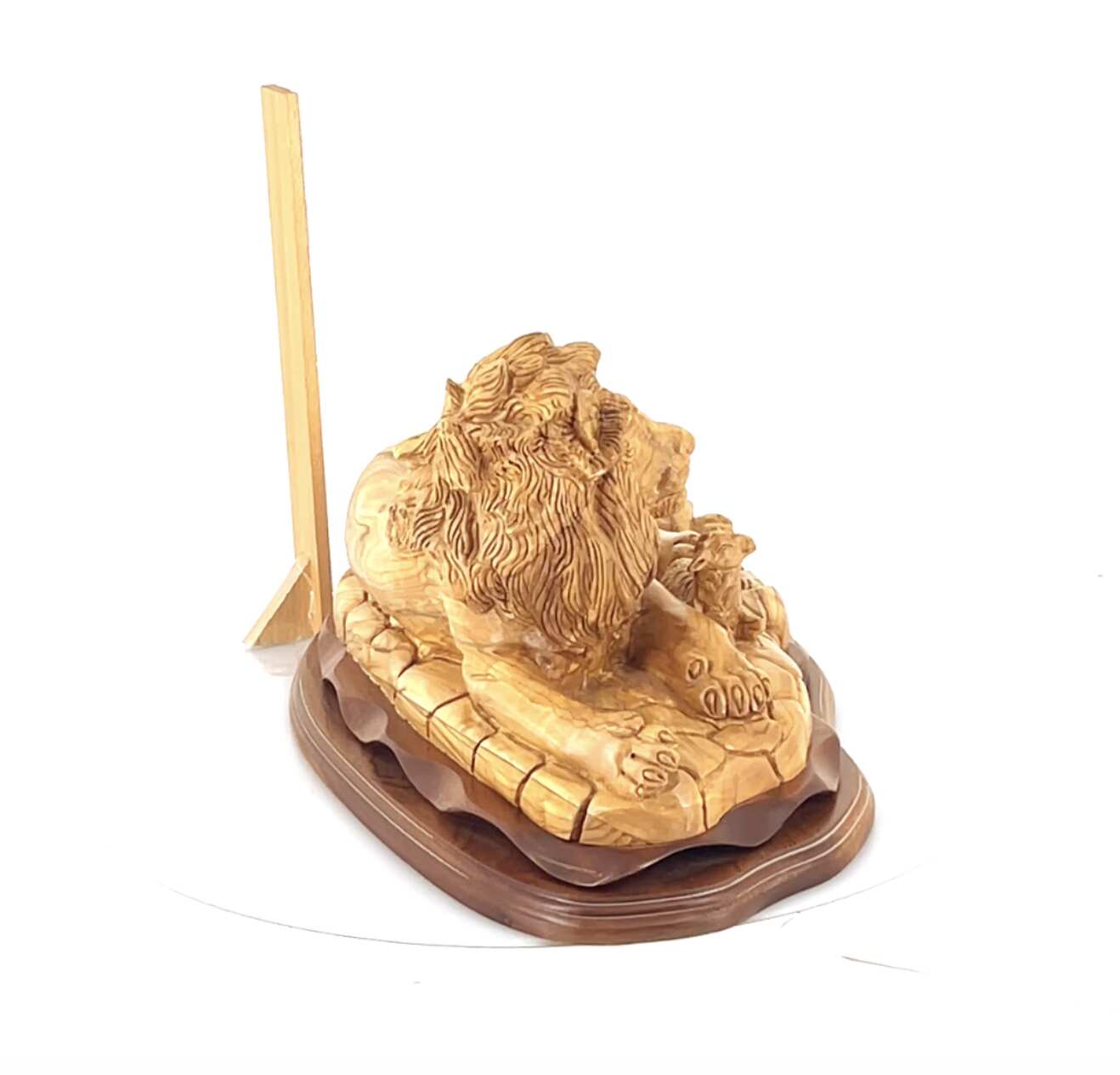 Lion with Lamb, Masterpiece Wooden Sculpture 19.7" Long