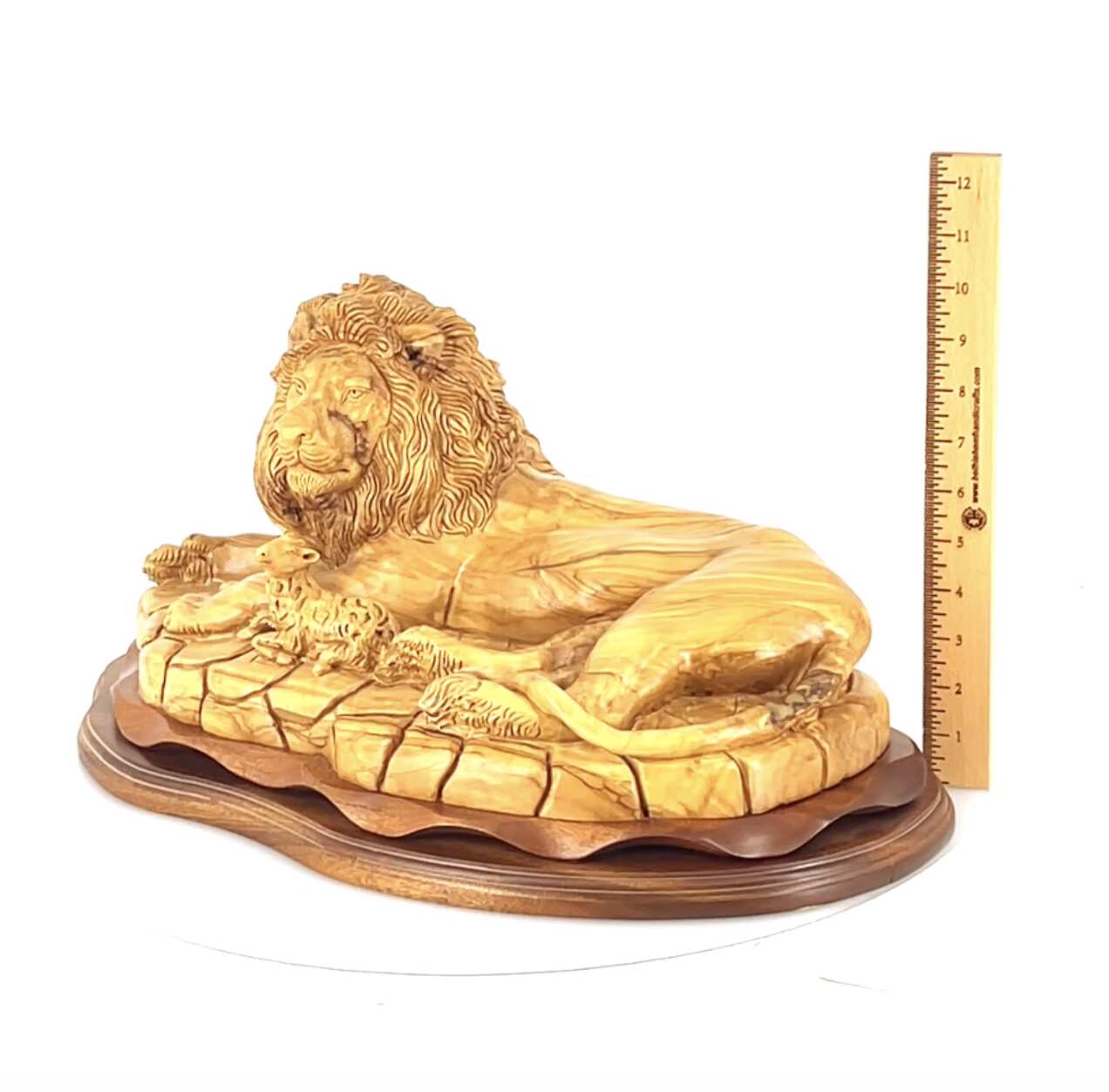 Lion with Lamb, Masterpiece Wooden Sculpture 19.7" Long