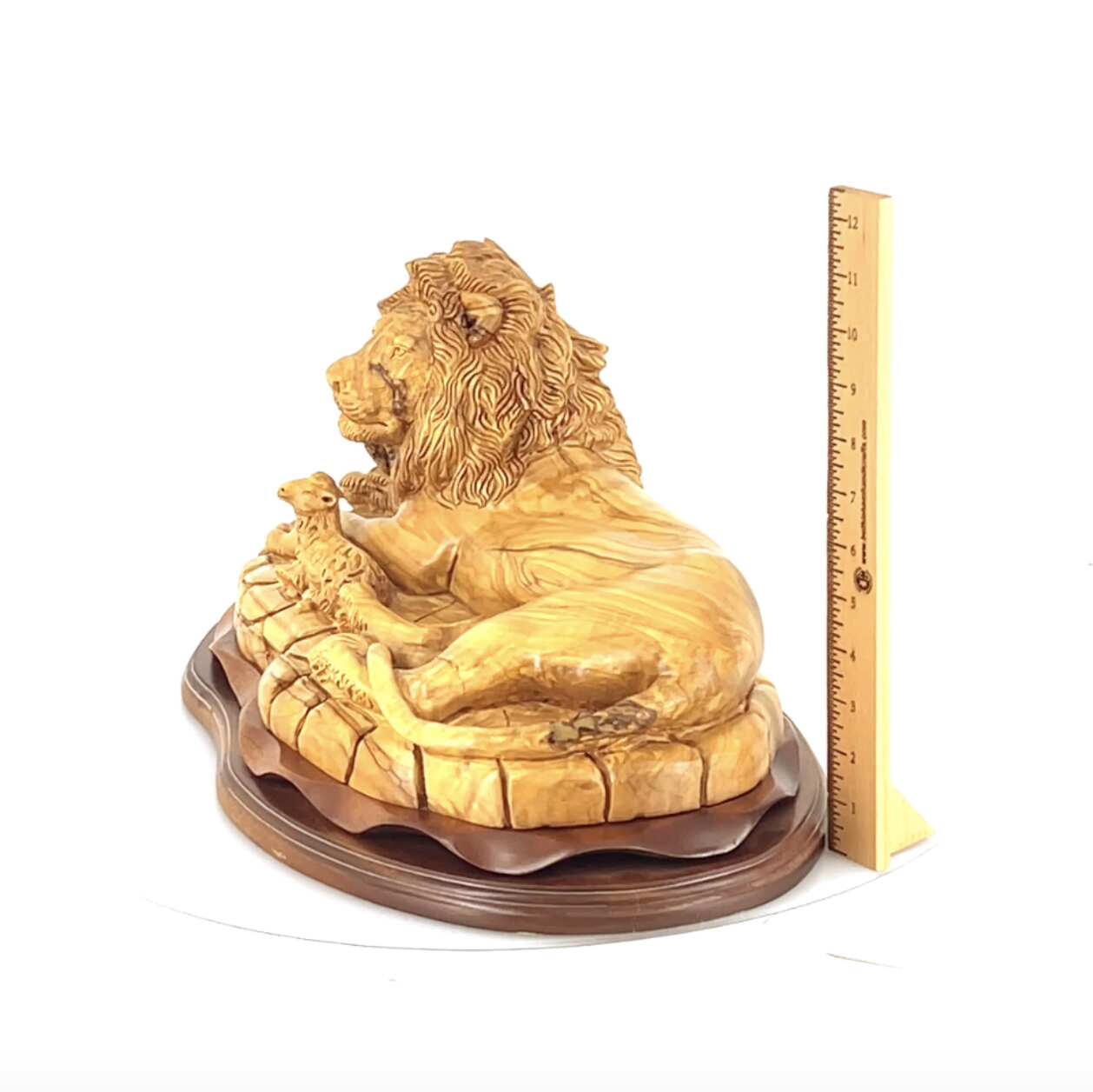 Lion with Lamb, Masterpiece Wooden Sculpture 19.7" Long