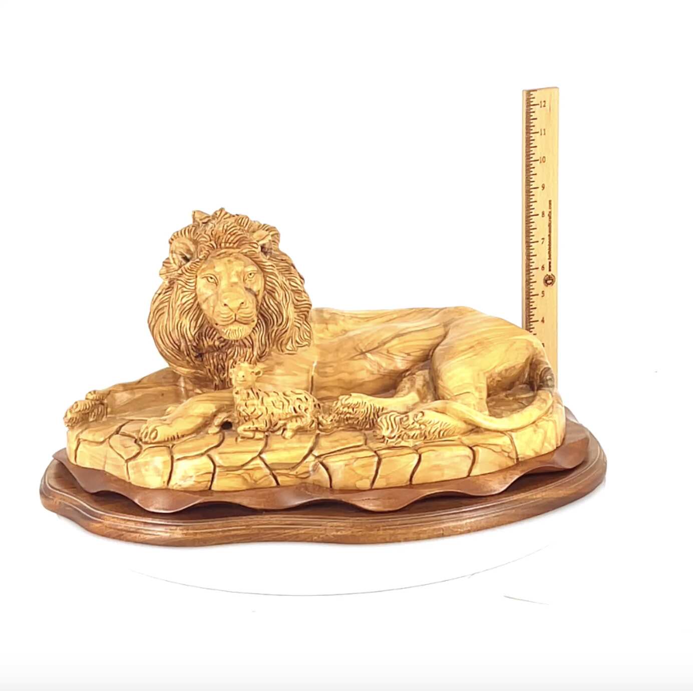 Lion with Lamb, Masterpiece Wooden Sculpture 19.7" Long